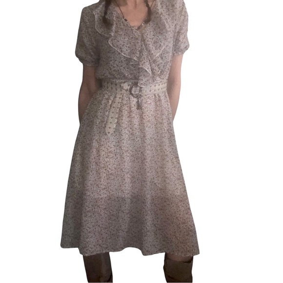 daily Yana Dresses & Skirts - Cottagecore Ditsy Floral Midi Dress Ruffled Neckline Empire Waist Sheer Pullover